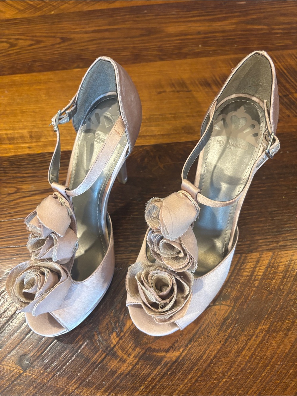 Floral T-Strap Heels in Taupe - Feminine Event Shoes